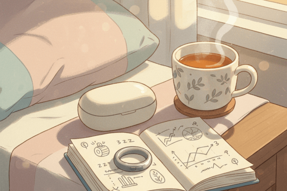 Warm illustrated bedside scene with a smart ring, charging case and sleep notes