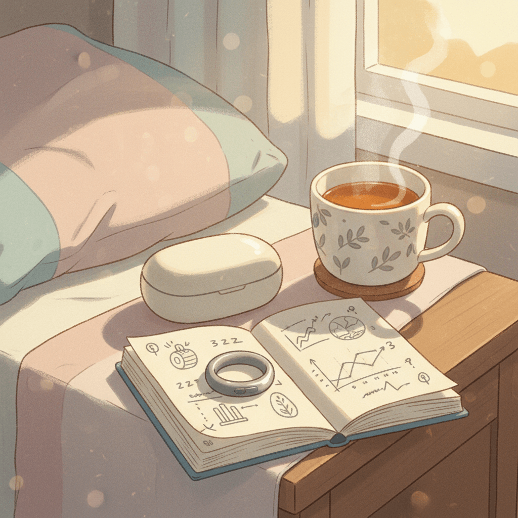 Warm illustrated bedside scene with a smart ring, charging case and sleep notes