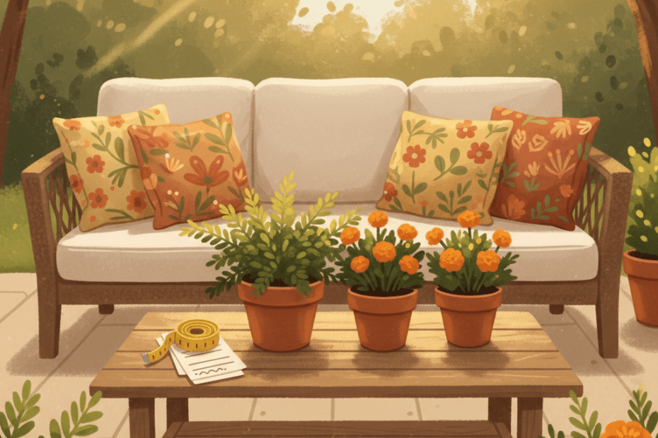 Warm illustrated garden patio scene with unbranded outdoor furniture, cushions, plants and delivery notes