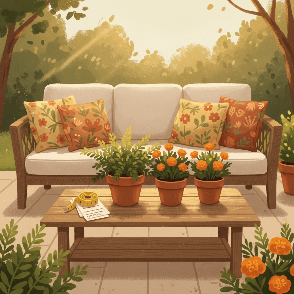 Warm illustrated garden patio scene with unbranded outdoor furniture, cushions, plants and delivery notes