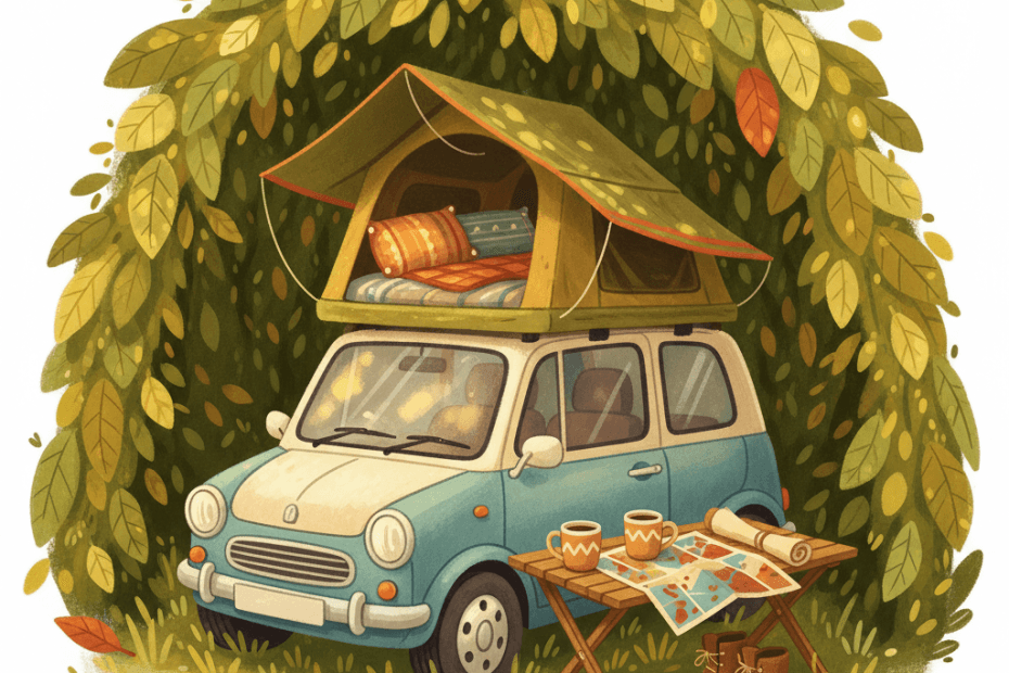 Warm whimsical illustrated campsite scene with an unbranded roof tent on a small car, mugs, boots and soft morning light