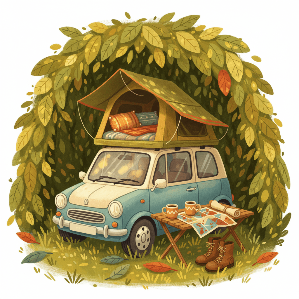 Warm whimsical illustrated campsite scene with an unbranded roof tent on a small car, mugs, boots and soft morning light