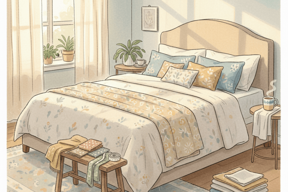 Warm illustrated bedroom scene with a neatly made bed, fabric swatches and soft morning light
