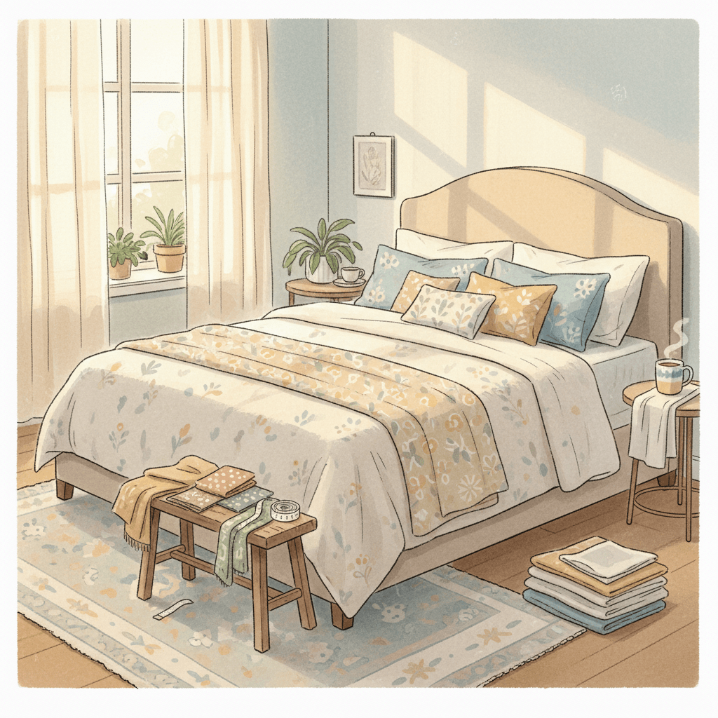 Warm illustrated bedroom scene with a neatly made bed, fabric swatches and soft morning light