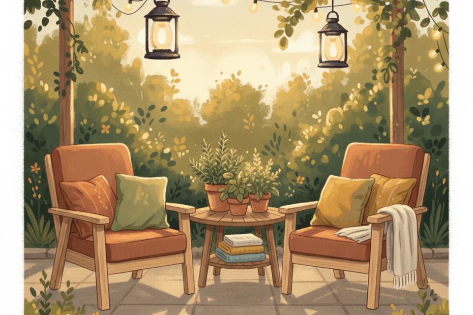 Warm illustrated garden patio scene with unbranded outdoor seating, cushions, planters and soft evening light