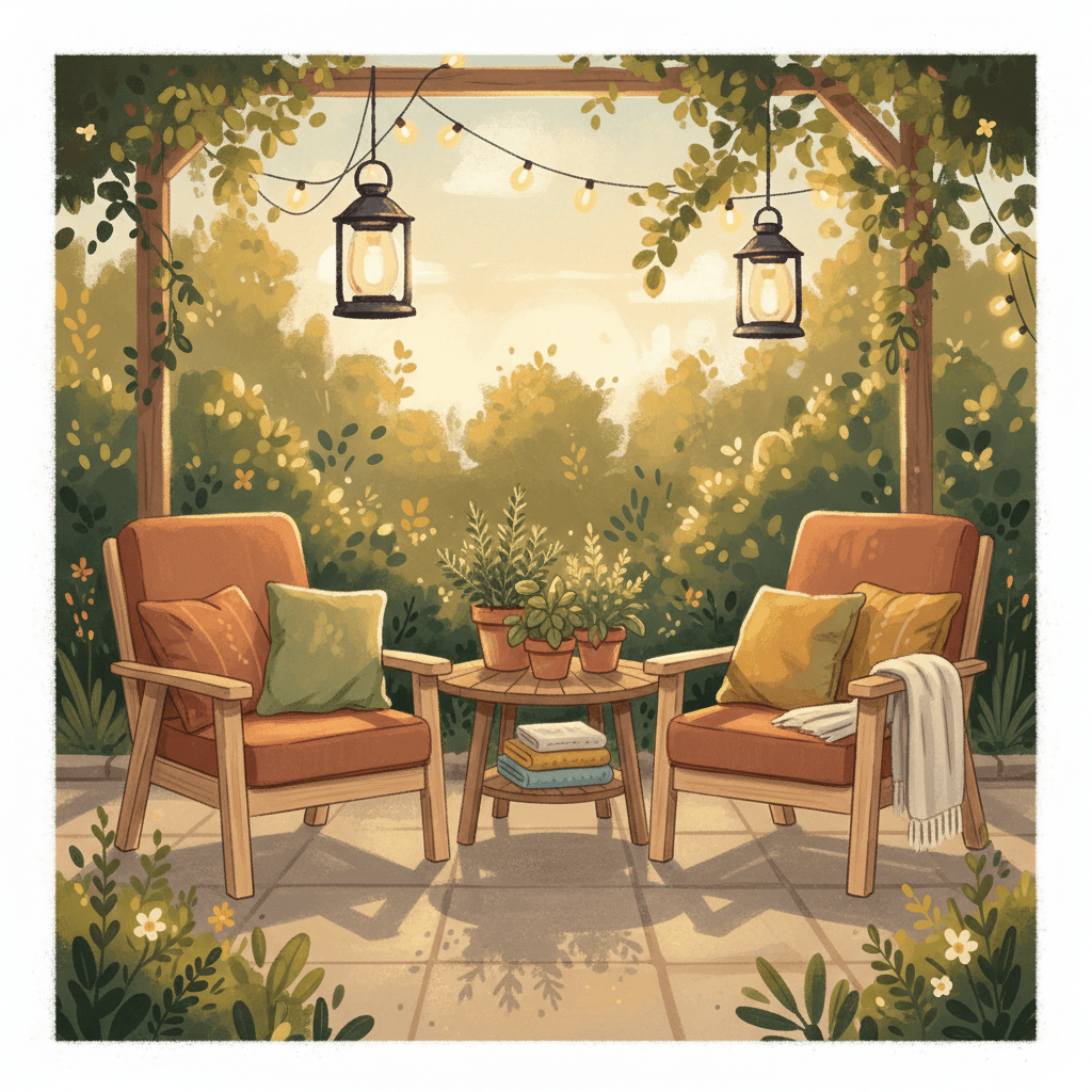 Warm illustrated garden patio scene with unbranded outdoor seating, cushions, planters and soft evening light