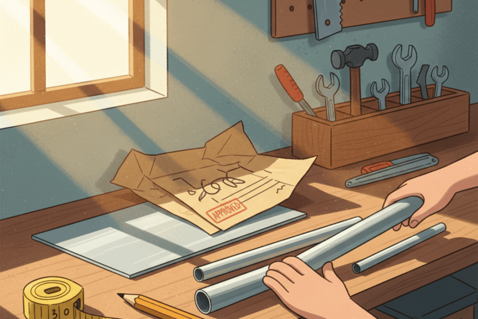 Warm illustrated workshop bench with generic aluminium sheet, tube, measuring tools and packing paper, no logos or readable text