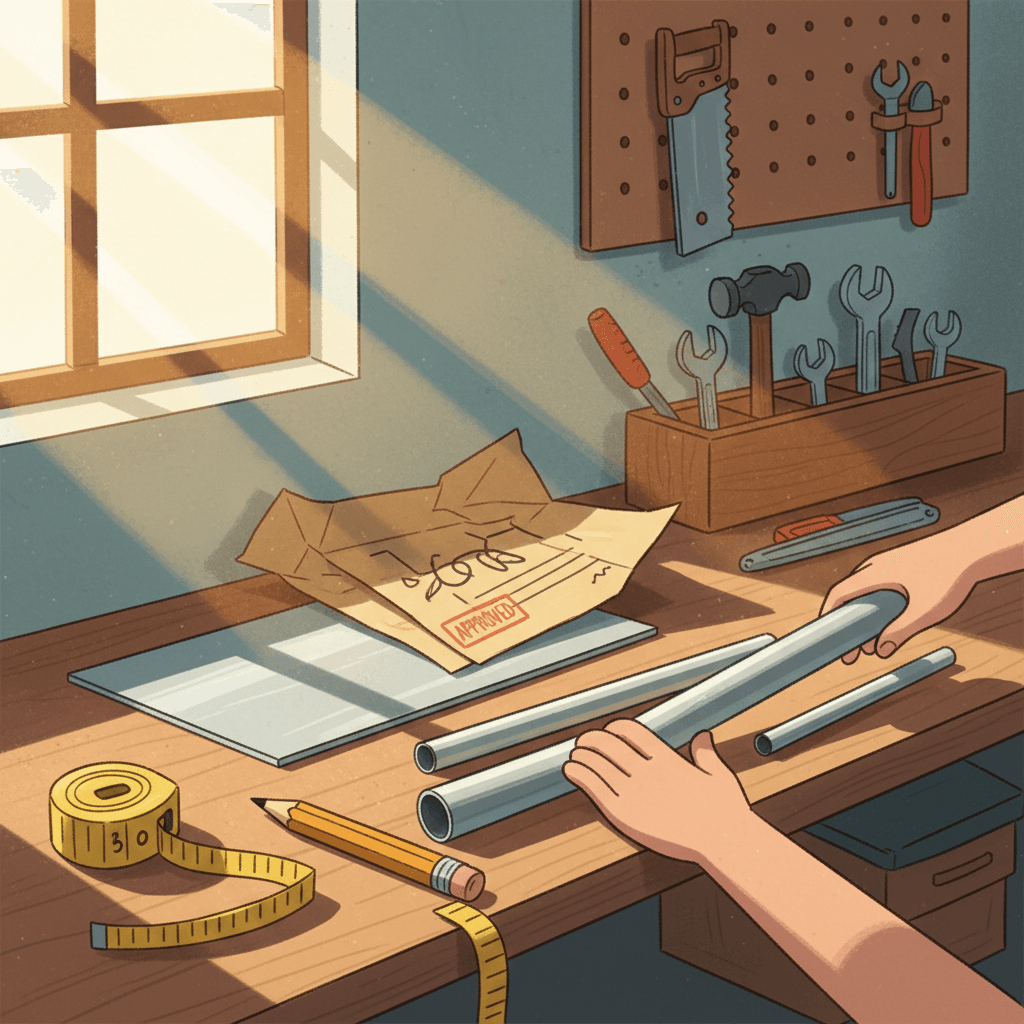 Warm illustrated workshop bench with generic aluminium sheet, tube, measuring tools and packing paper, no logos or readable text
