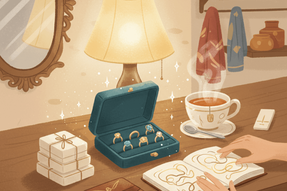 Warm illustrated jewellery consultation scene with ring trays, soft lamp light and unbranded velvet boxes