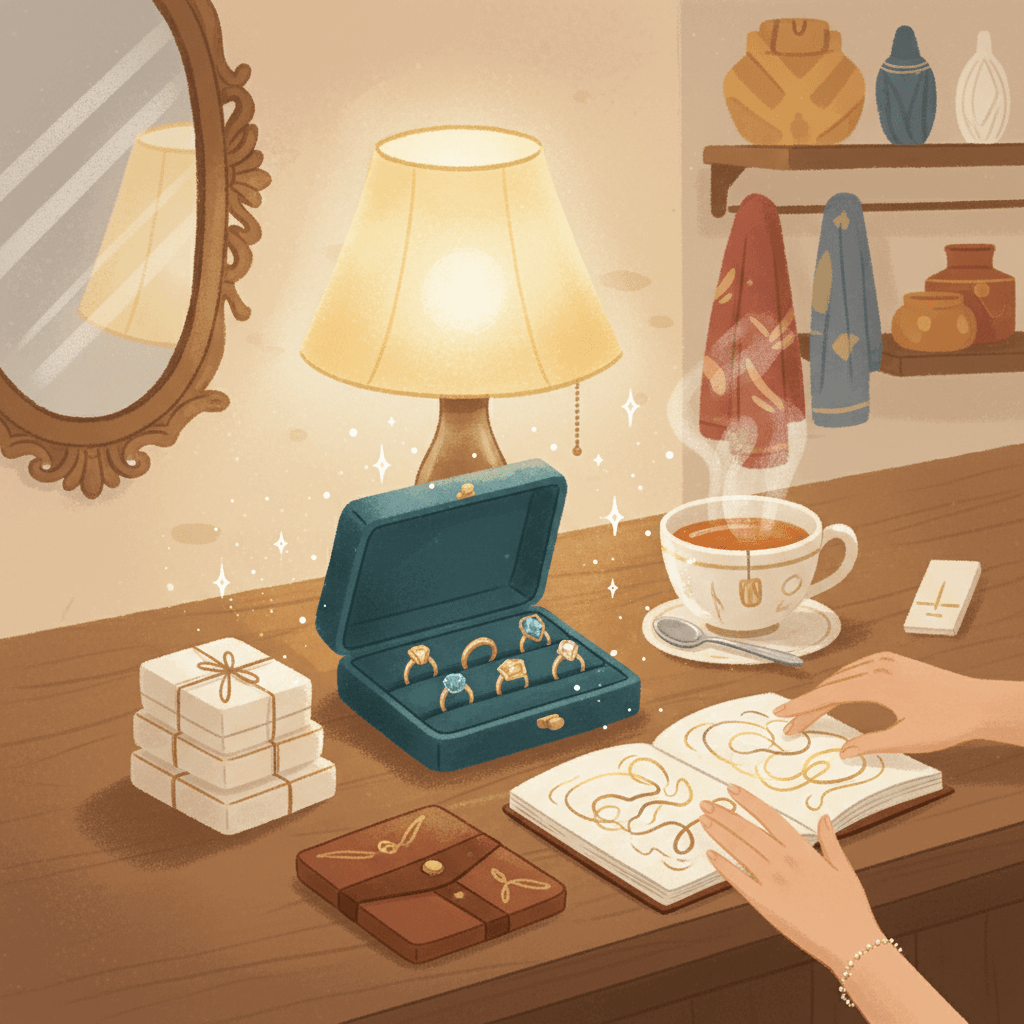 Warm illustrated jewellery consultation scene with ring trays, soft lamp light and unbranded velvet boxes