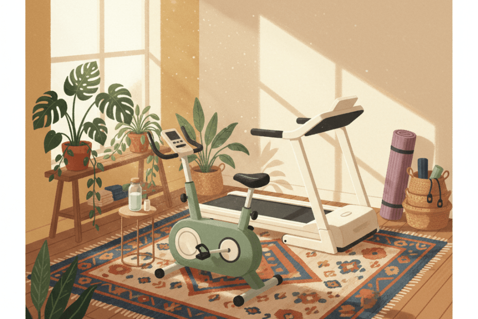 Warm illustrated home gym corner with a treadmill, exercise bike, plants and morning light, with no logos or readable text