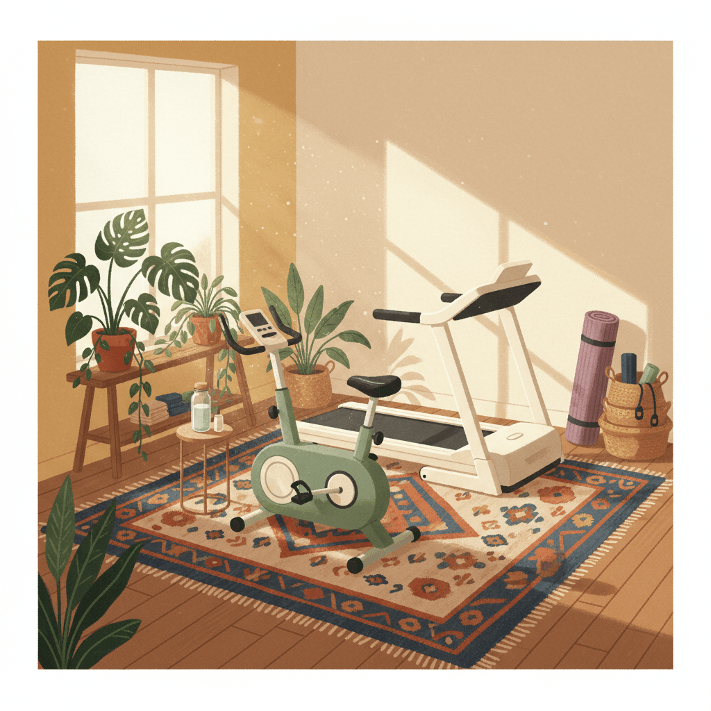 Warm illustrated home gym corner with a treadmill, exercise bike, plants and morning light, with no logos or readable text
