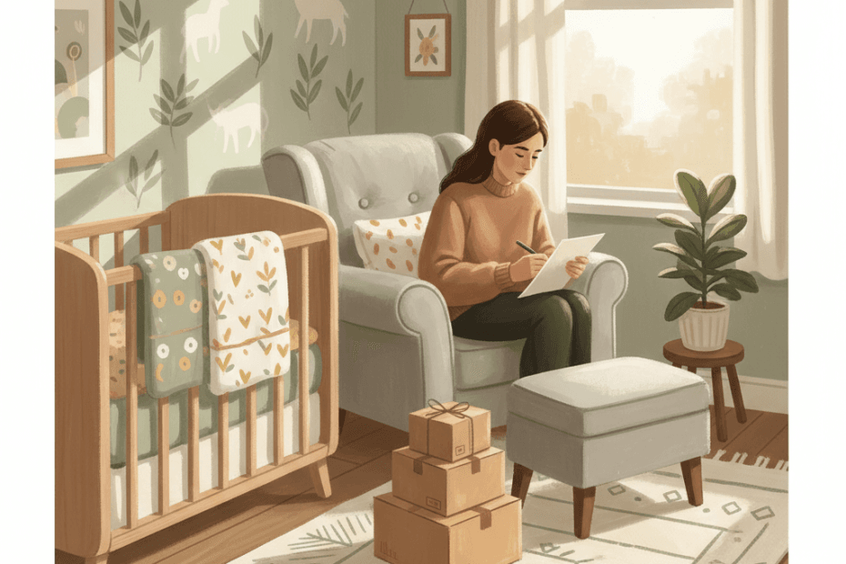 Warm illustrated nursery corner with flat-pack boxes, a cot, soft textiles and a parent checking a delivery note