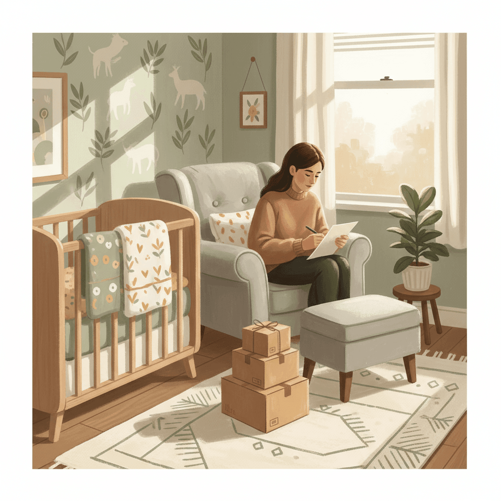 Warm illustrated nursery corner with flat-pack boxes, a cot, soft textiles and a parent checking a delivery note