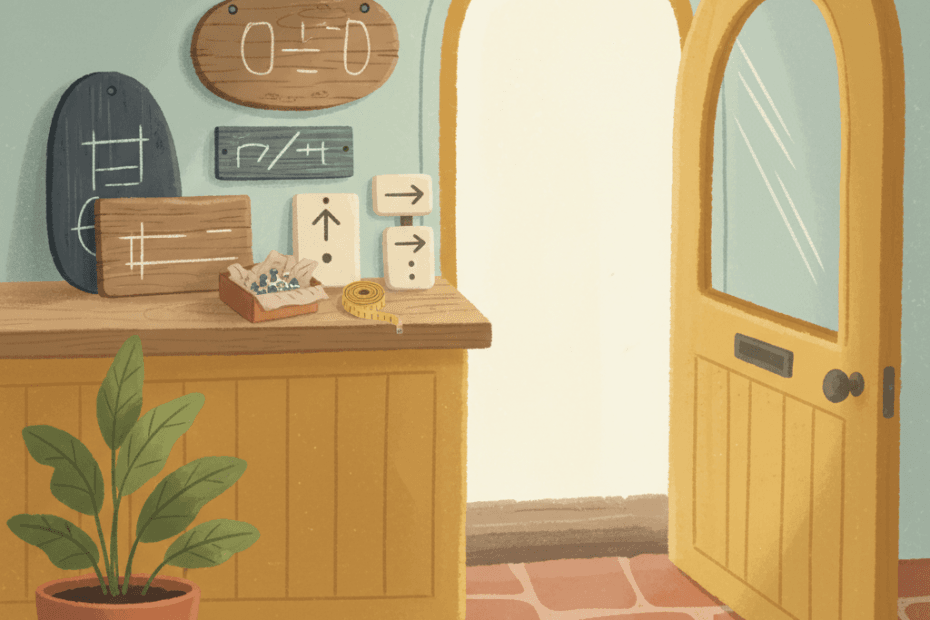 Warm illustrated front doorway and small shop counter with unbranded custom signs, fixing tools and delivery packaging