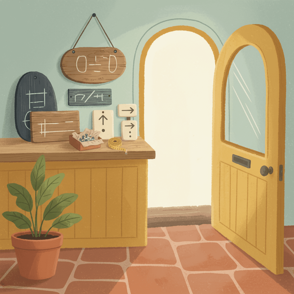 Warm illustrated front doorway and small shop counter with unbranded custom signs, fixing tools and delivery packaging