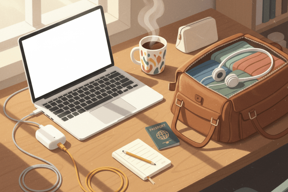 Warm illustrated desk scene with unbranded braided USB-C cables, laptop, phone and travel charger
