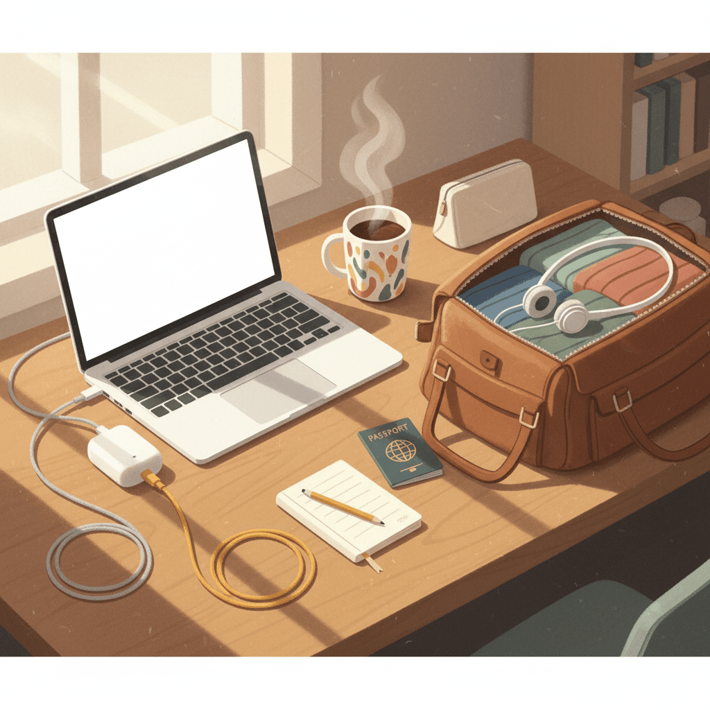Warm illustrated desk scene with unbranded braided USB-C cables, laptop, phone and travel charger