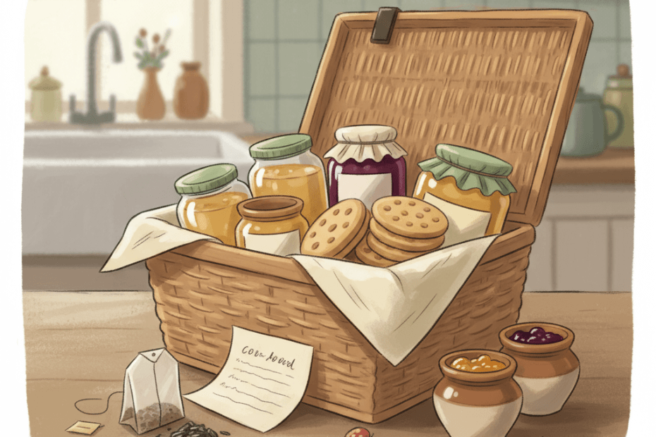 Warm illustrated kitchen table with a wicker hamper, wrapped jars, tea, biscuits and a gift card ready for delivery