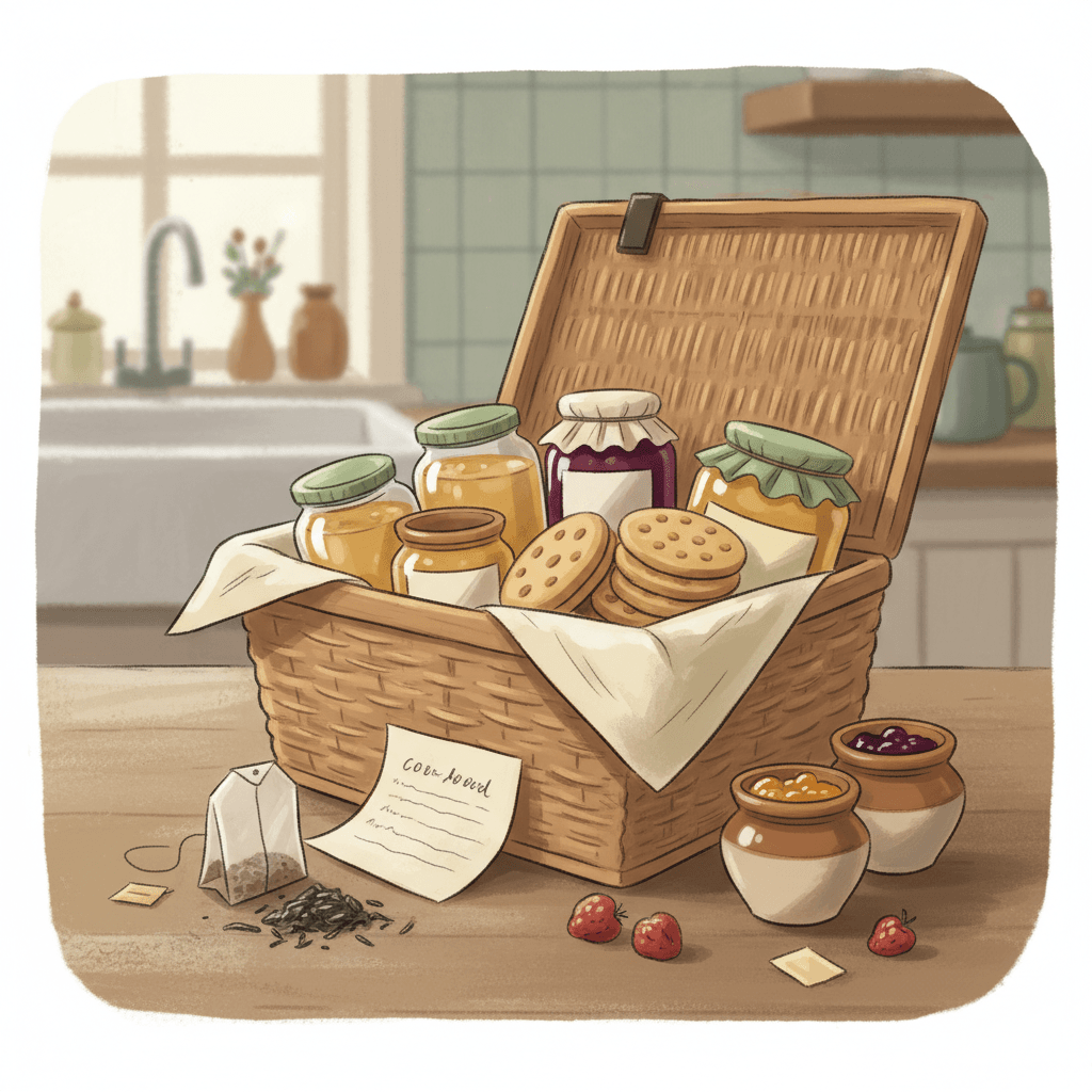 Warm illustrated kitchen table with a wicker hamper, wrapped jars, tea, biscuits and a gift card ready for delivery