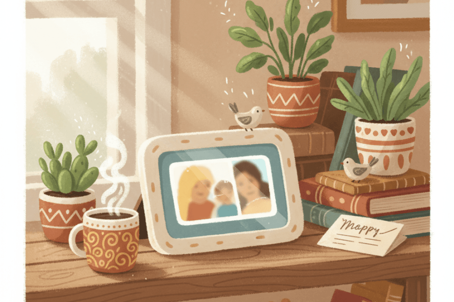Warm illustrated living room shelf with a glowing digital photo frame, family snapshots, plants and gift wrap