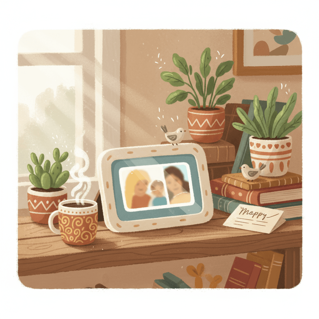 Warm illustrated living room shelf with a glowing digital photo frame, family snapshots, plants and gift wrap