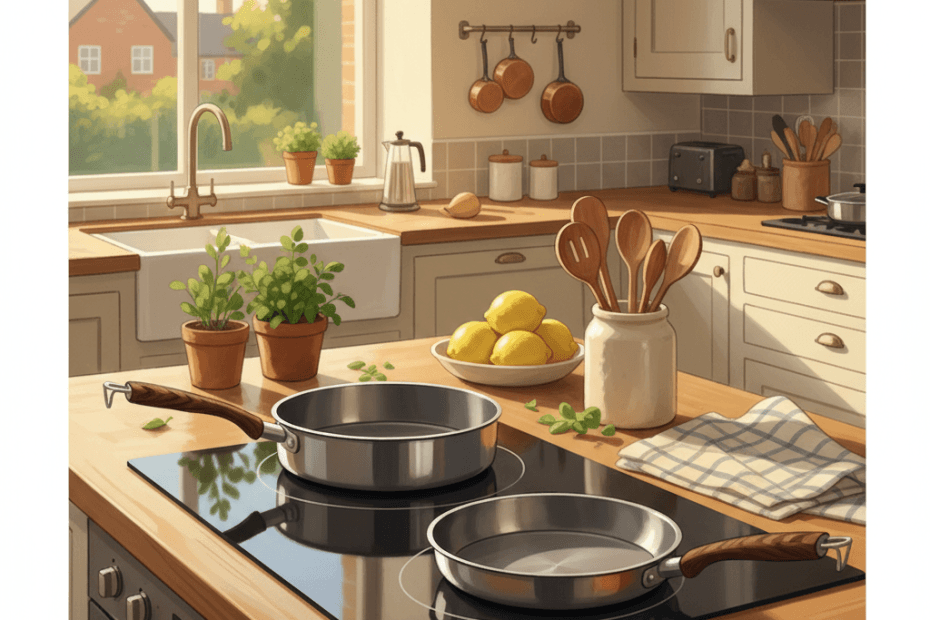 Warm illustrated kitchen counter with pans, herbs, wooden spoons and evening light