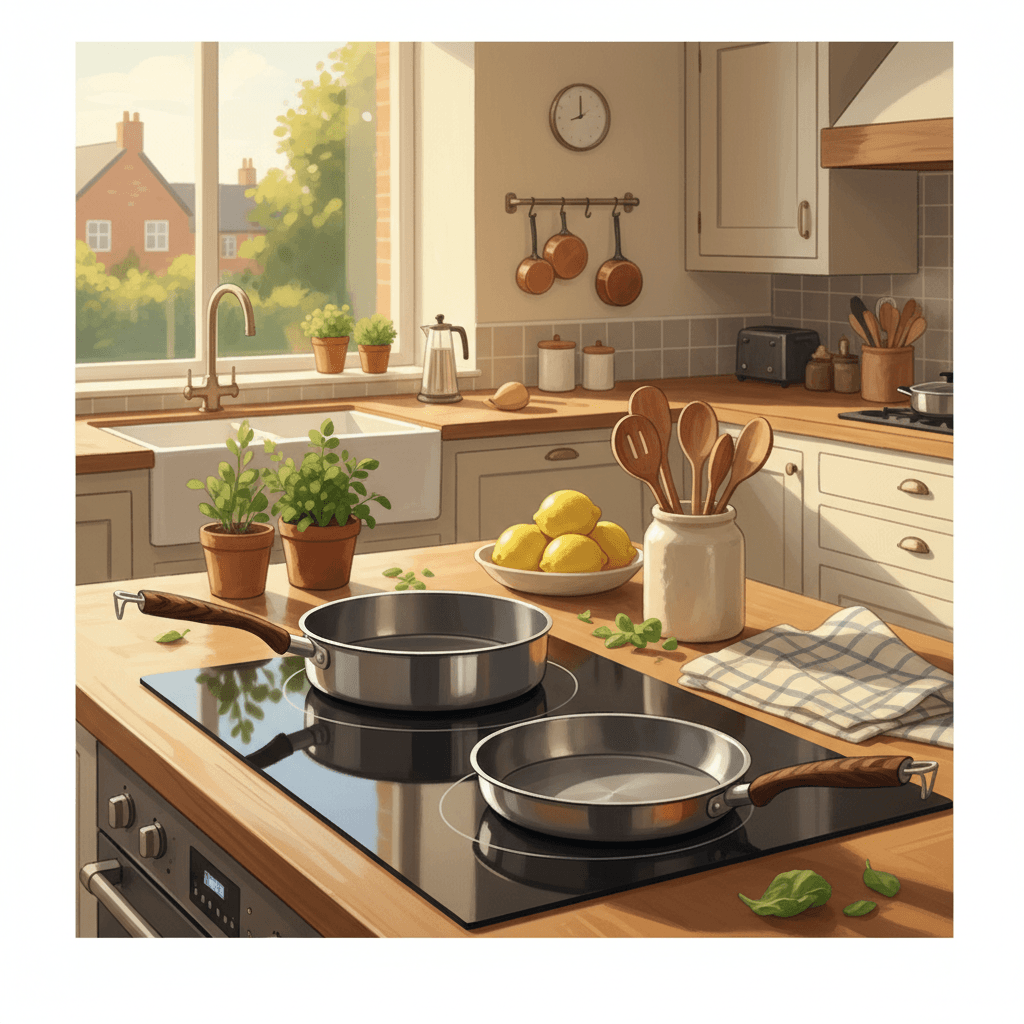 Warm illustrated kitchen counter with pans, herbs, wooden spoons and evening light