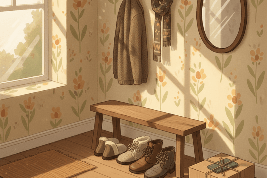 Warm illustrated hallway with comfortable unbranded shoes, a coat peg, parcels and a small bench