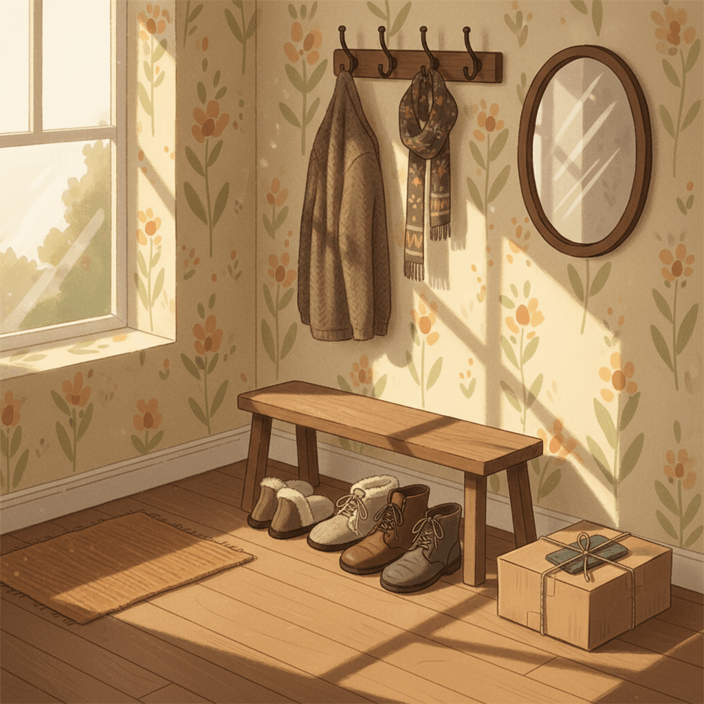 Warm illustrated hallway with comfortable unbranded shoes, a coat peg, parcels and a small bench