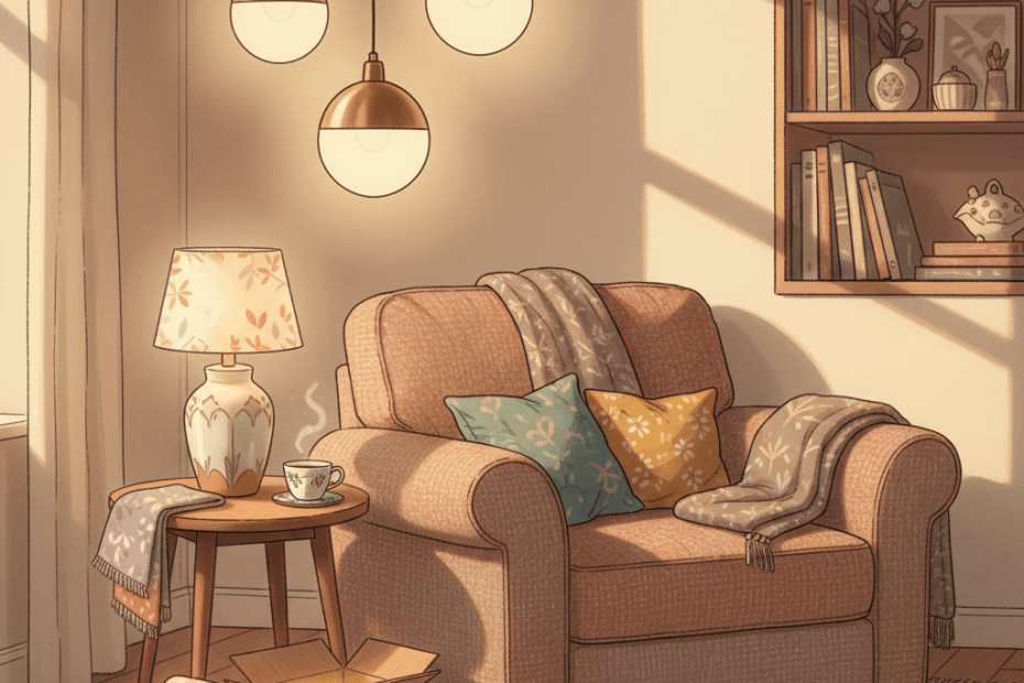Warm illustrated living room corner with unbranded pendant lights, table lamps and a softly lit armchair