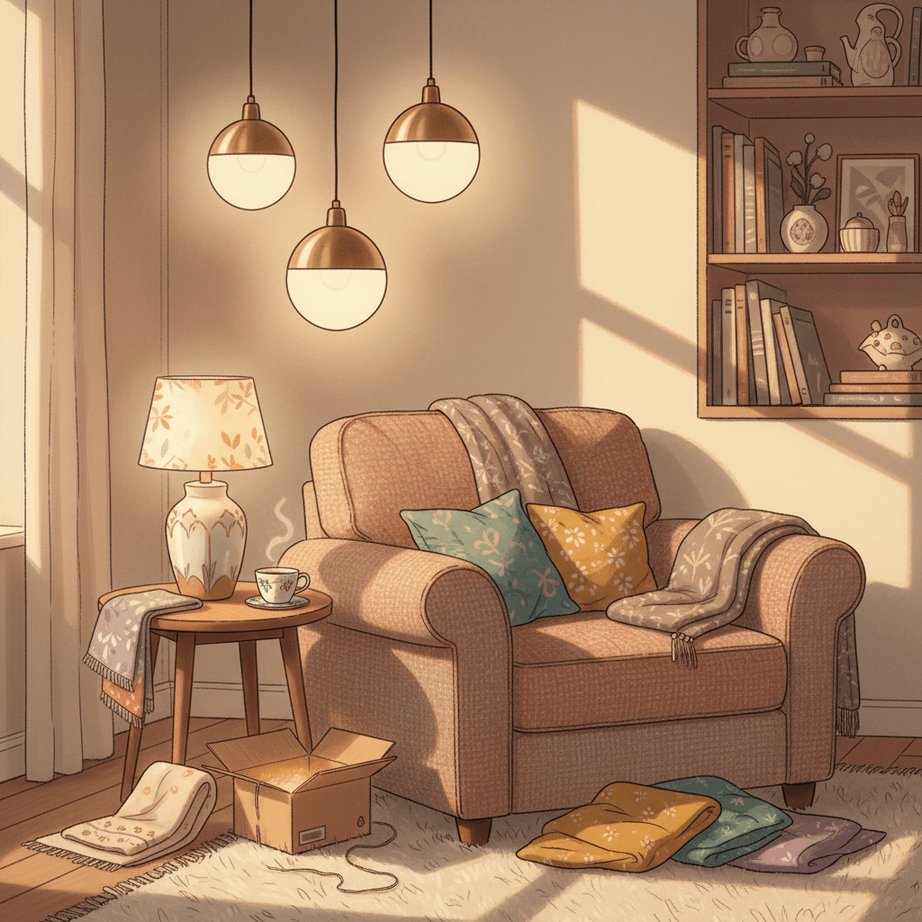 Warm illustrated living room corner with unbranded pendant lights, table lamps and a softly lit armchair