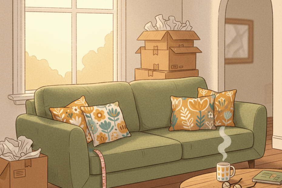 Warm illustrated living room with a generic modern sofa, cushions, tape measure and delivery boxes, no logos or readable text