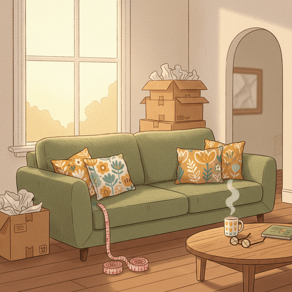 Warm illustrated living room with a generic modern sofa, cushions, tape measure and delivery boxes, no logos or readable text