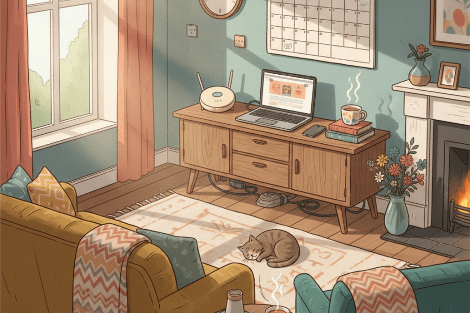 Warm illustrated living room with a broadband router, laptop, phone and neatly labelled household notes