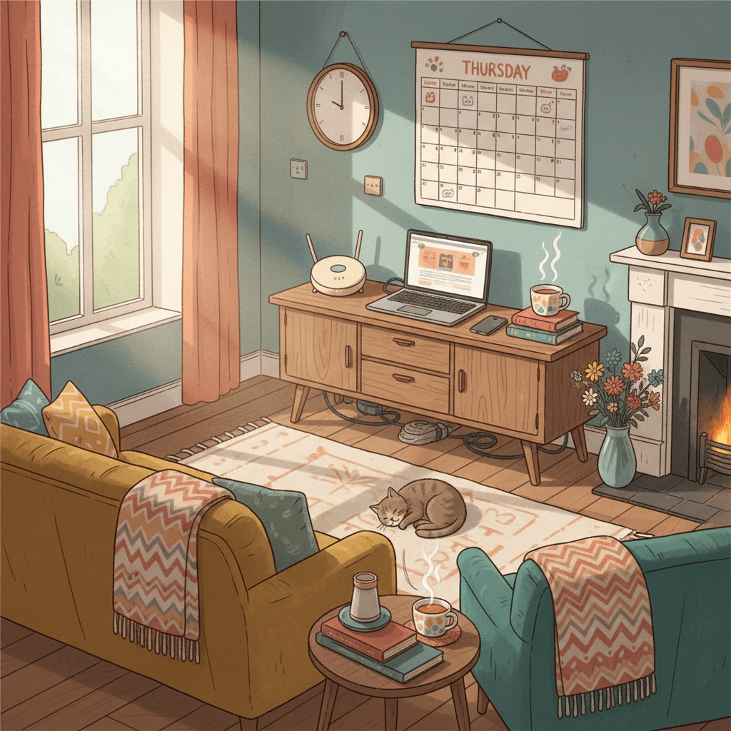 Warm illustrated living room with a broadband router, laptop, phone and neatly labelled household notes