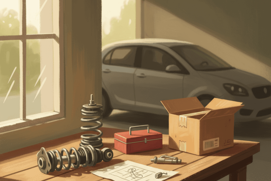 Warm illustrated garage workbench with unbranded car suspension parts, tools and a tidy checklist