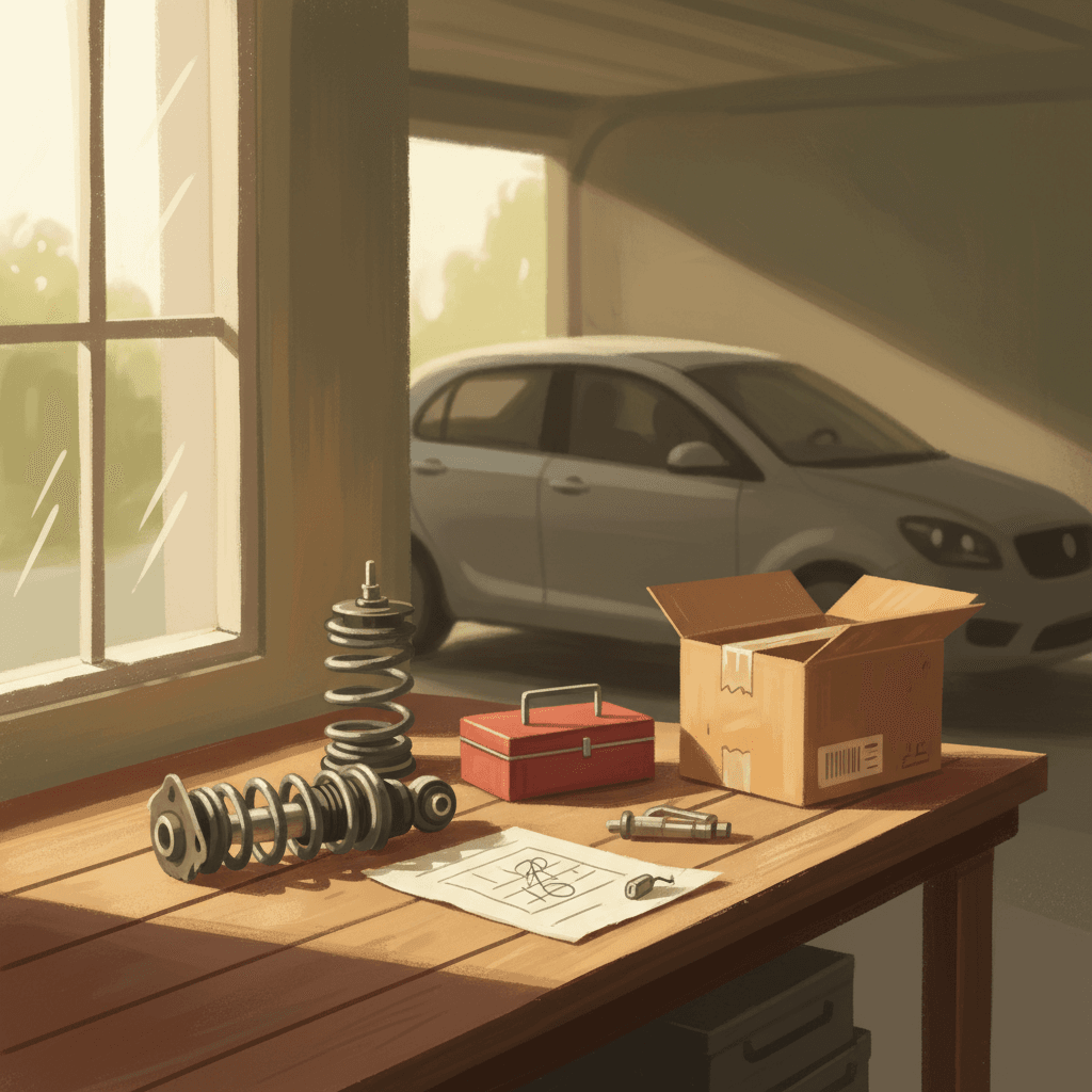 Warm illustrated garage workbench with unbranded car suspension parts, tools and a tidy checklist