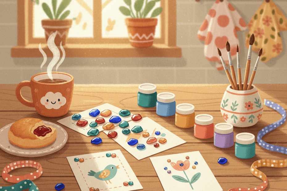 Warm illustrated craft table with sparkling mosaic pieces, paper cards, paint pots and gift ribbon, no logos or readable text