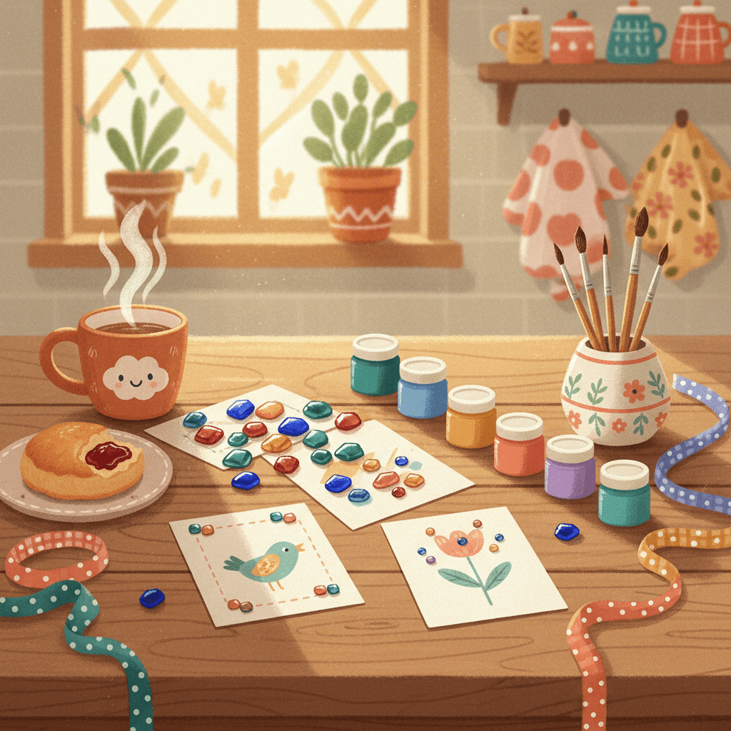 Warm illustrated craft table with sparkling mosaic pieces, paper cards, paint pots and gift ribbon, no logos or readable text
