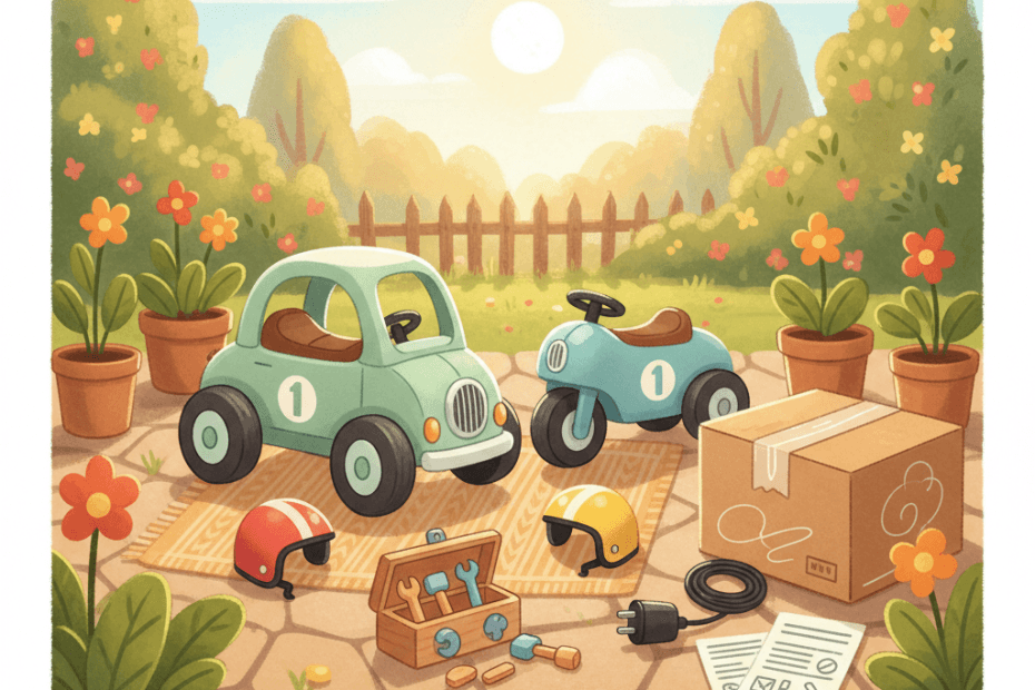 Warm illustrated family garden scene with unbranded children's ride-on toys, helmets, tools and a tidy delivery box