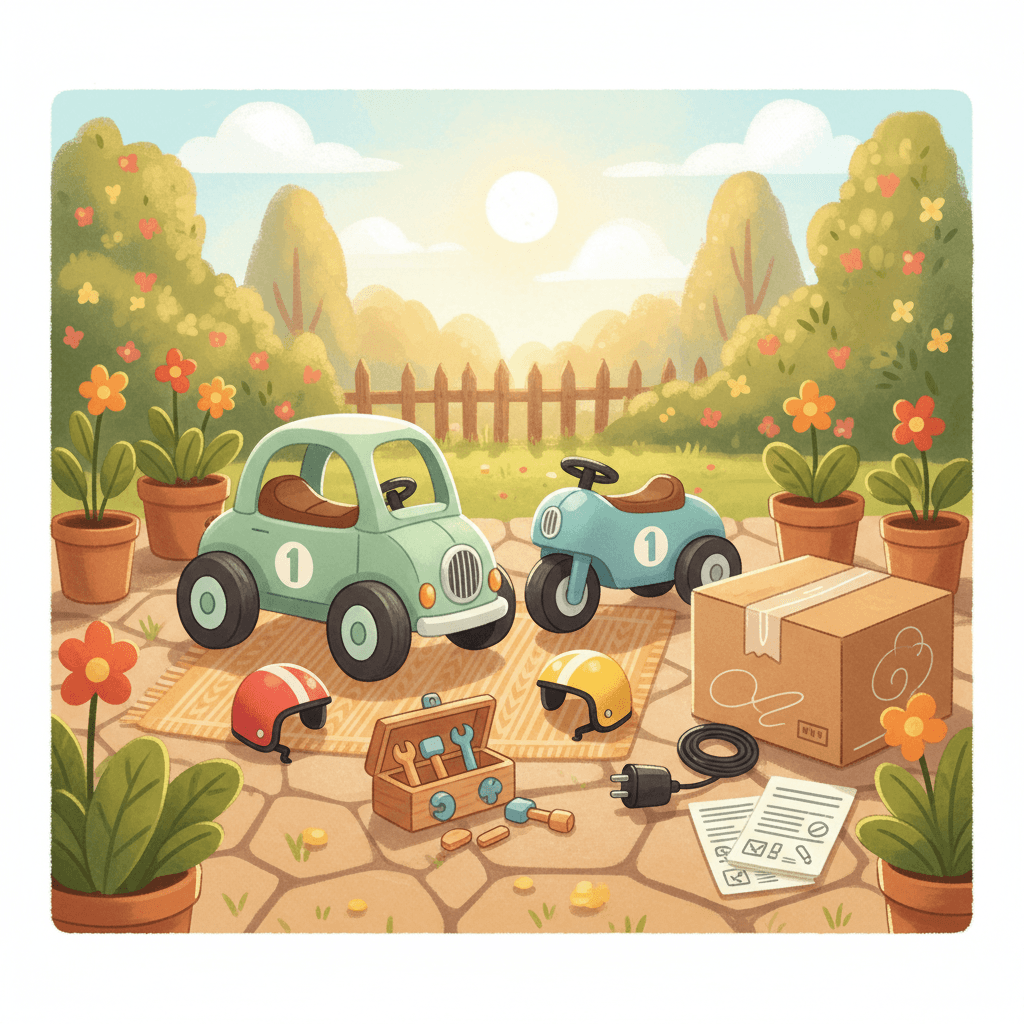 Warm illustrated family garden scene with unbranded children's ride-on toys, helmets, tools and a tidy delivery box