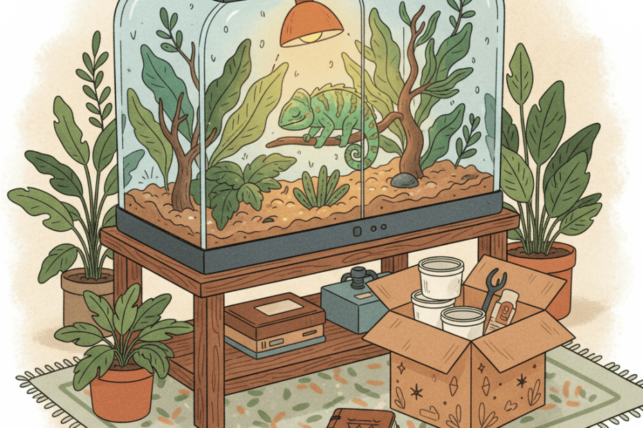 Warm illustrated reptile-keeper desk with a terrarium, foliage, care notes and delivery box, no logos or readable text