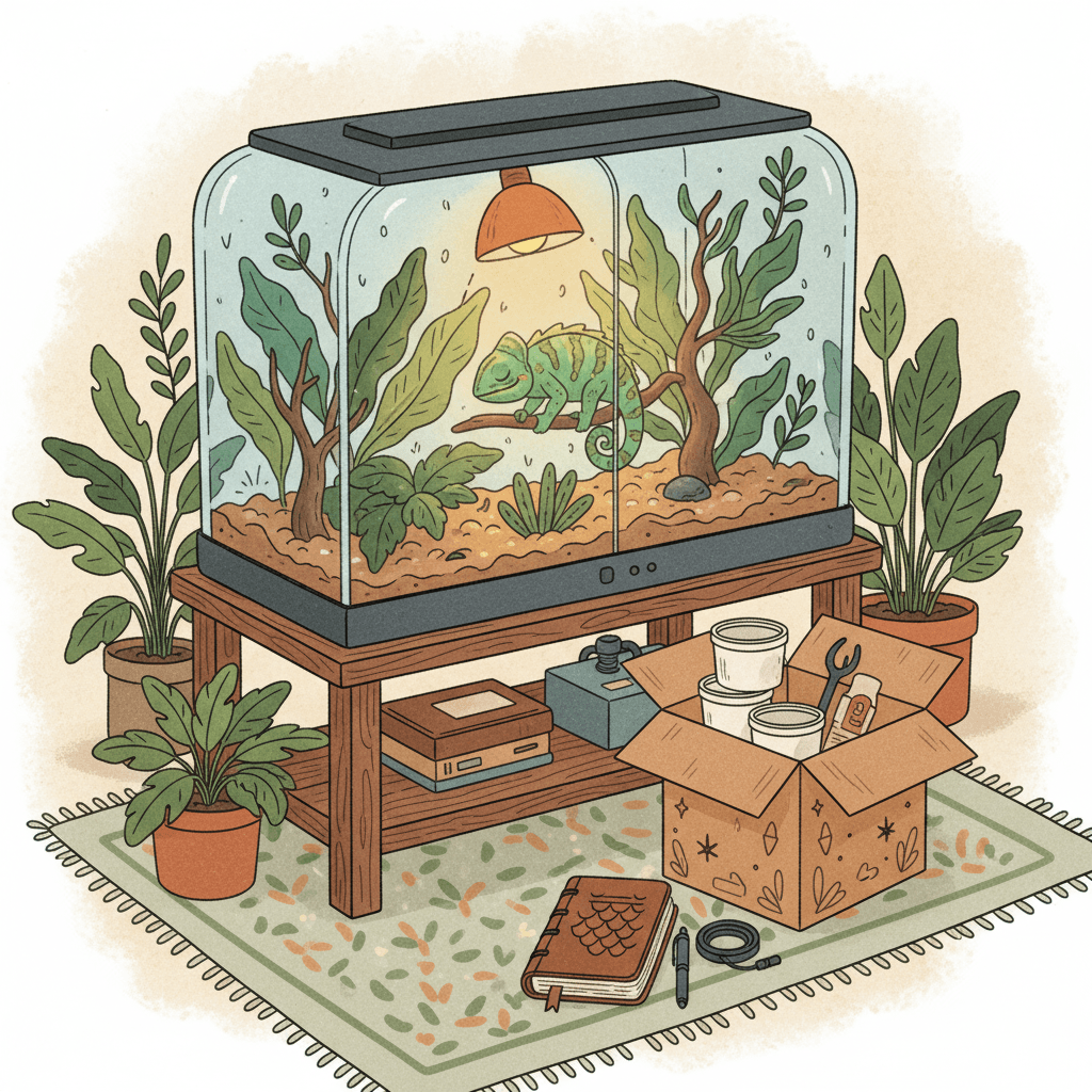 Warm illustrated reptile-keeper desk with a terrarium, foliage, care notes and delivery box, no logos or readable text