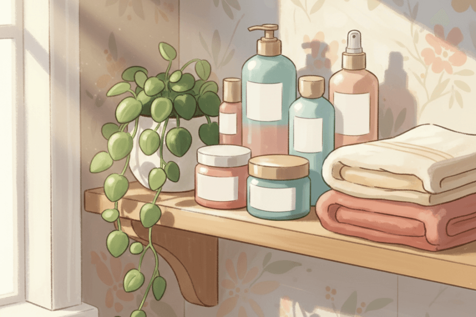 Warm whimsical illustration of a bathroom shelf with Korean skincare bottles, soft towels, leafy plant and gentle morning light, no logos and no readable text