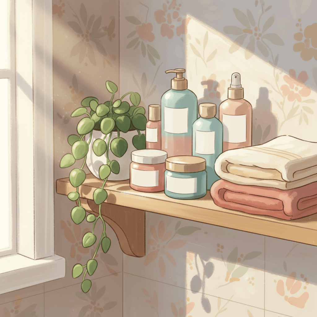 Warm whimsical illustration of a bathroom shelf with Korean skincare bottles, soft towels, leafy plant and gentle morning light, no logos and no readable text