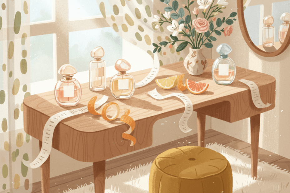 Warm whimsical illustration of a dressing table with perfume bottles, paper scent strips, citrus peel and soft morning light, no logos or readable text