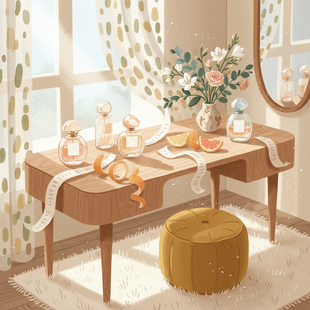 Warm whimsical illustration of a dressing table with perfume bottles, paper scent strips, citrus peel and soft morning light, no logos or readable text