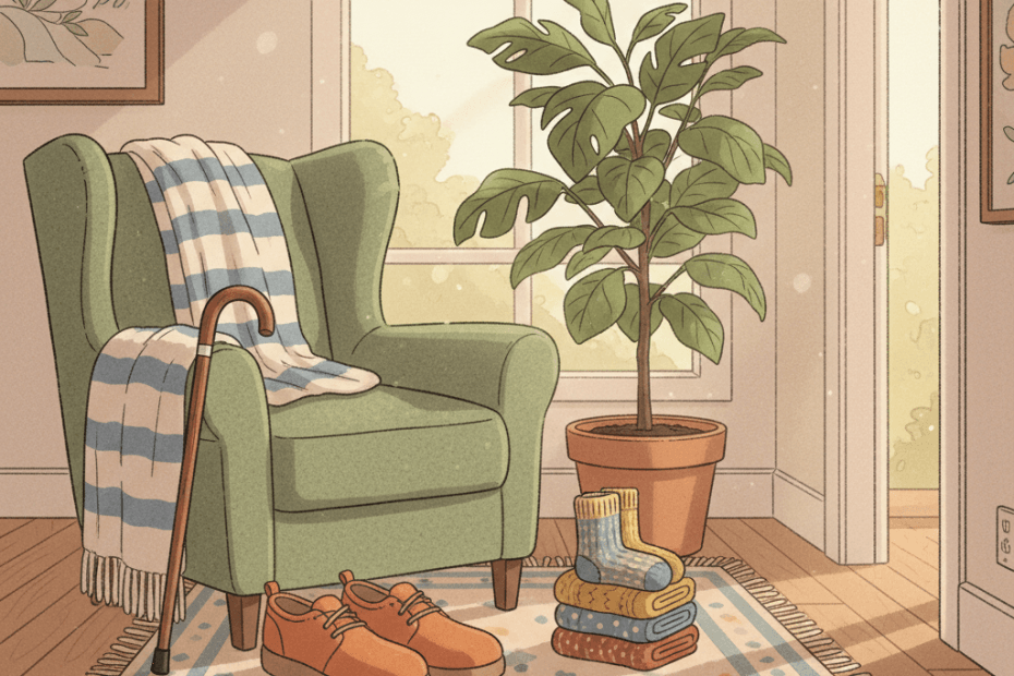 Warm whimsical illustration of comfortable extra-wide shoes by a sunny hallway chair with soft socks, a walking stick and potted plant, no logos and no readable text
