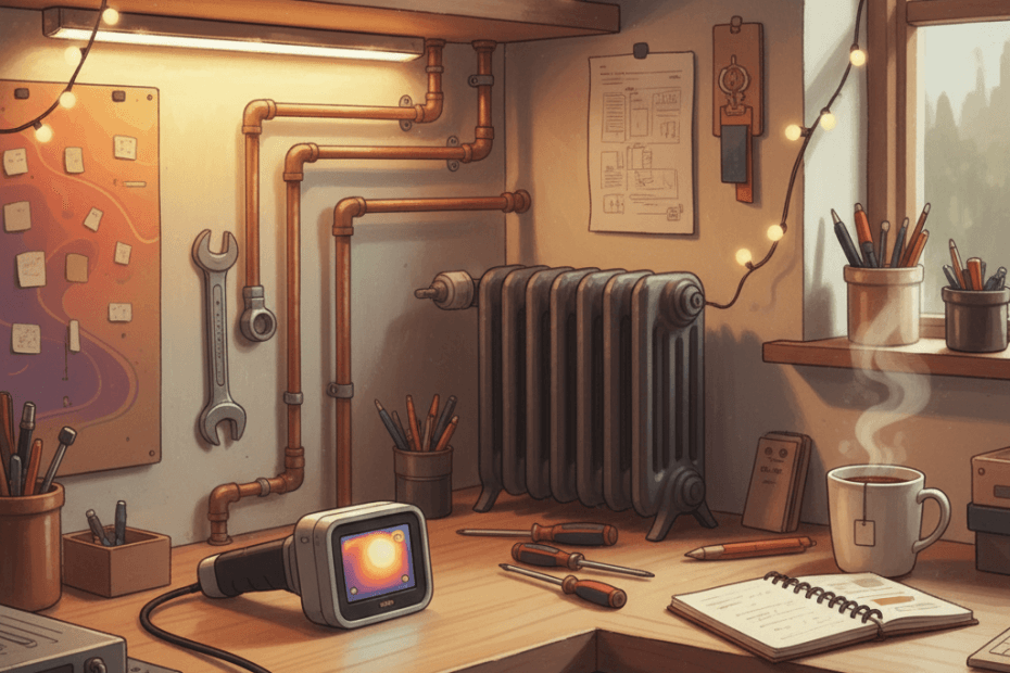 Warm whimsical illustration of a home workshop bench with an unbranded thermal inspection camera, tools, pipes and soft heat-map colours, no logos and no readable text